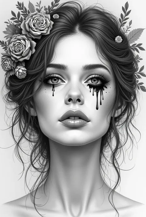 A surreal black and white drawing of a woman's face that corresponds to the ideal of beauty ,  the makeup is gone from the tears and it looks very beguiling,The background is decorated with ornaments  