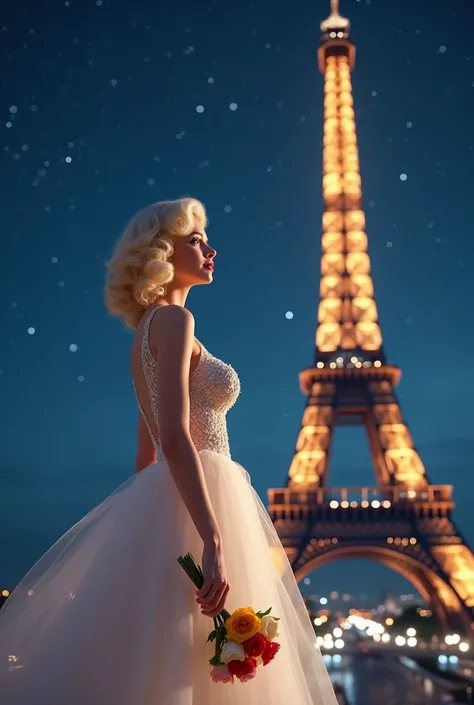 I draw Marilyn Monroe wearing a wedding dress next to the Eiffel Tower at night holding a colorful bouquet of flowers and a 3D image 