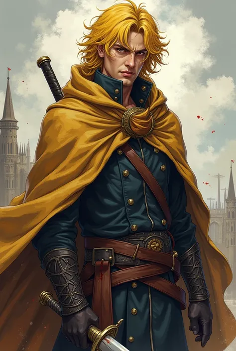 A man with Yellow medium wavy hair a little tired-agressive mode sword in his hand and wear old cape with blood in his clothes and sword a little bit anime style and more long distance a little scar in his face