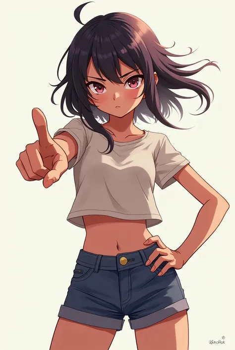 an anime girl, view of 3/4, angrily pointing forward with one finger with her other hand on her waist.