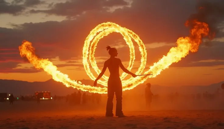 A cinematic photo of a fire performer at Burning Man twirling blazing torches, the flames casting dramatic shadows across the desert. The sky is painted with sunset hues of orange, pink, and purple, with distant festival-goers in the background. Hyper-real...