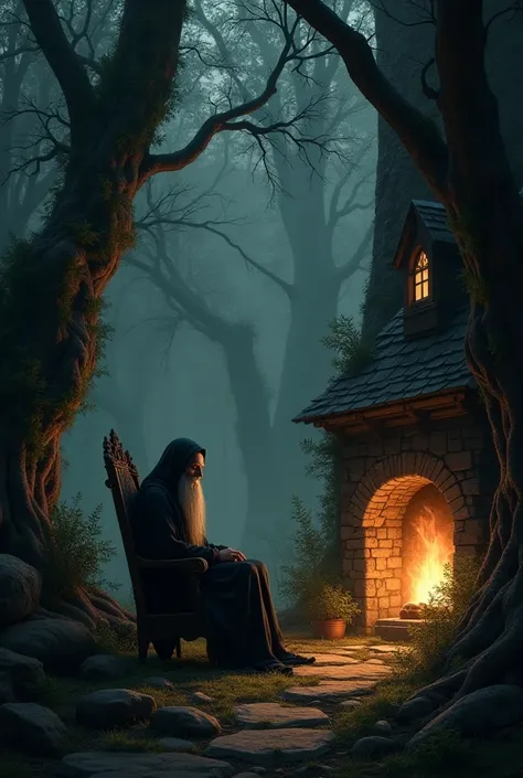 Elf sitting at home in the woods dark fantasy 