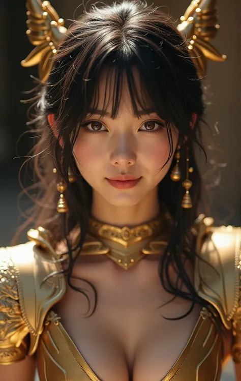 (realistic, photo-realistic:1.37),(8k, RAW photo, best quality, masterpiece:1.2), best quality, photo, Nikon camera, 35mm lens, black hair, brown eyes :1.1), 1man, smile, 21 years old, Dohko de Libra, hair bangs, (cleavage:1.2), simple background, looking ...