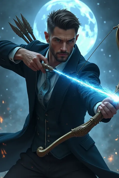 Handsome tall and strong white man with short brown hair with short beard wearing a black suit with a light blue shirt and silver tie bewitching a bow with moon magic in combat posture