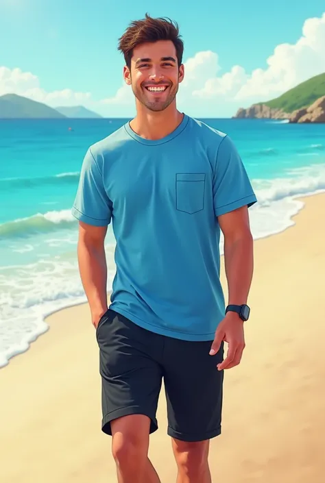  sneakers Make an image of a smiling young man, with beach background,  wearing a blue short-sleeve t-shirt with chest pocket, In black shorts with black flip flops.