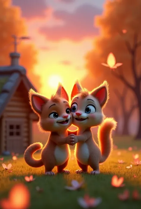 3D Image Prompt:
A joyful 3D-rendered scene where Manu and Meow stand in front of Meow’s cozy wooden house at the forest's edge. Meow is hugging Manu happily, and both have soft, detailed fur with realistic lighting reflecting their emotions. The backgroun...