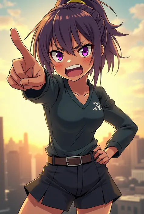 an anime girl, view of 3/4, angrily pointing forward with one finger with her other hand on her waist. As if looking at the horizon