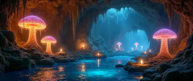 The underground world is a mysterious and magical place filled with glowing mushrooms, crystals, and ancient ruins. The atmosphere is one of mystery and adventure.

The walls of the caves are covered with shimmering crystals and bioluminescent fungi that c...