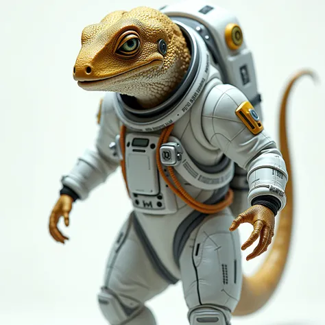 *"A humanoid lizard wearing a highly detailed futuristic white space suit with precise details and a reflective golden helmet, emerging from a spaceship. The suit features realistic textures, fastenings, and advanced technological devices. The pose conveys...