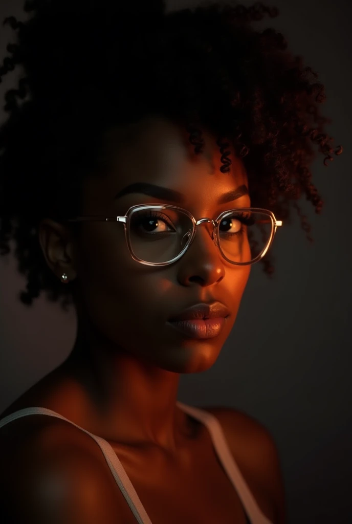 A very detailed and realistic photograph of a 30-year-old black woman with delicate features with curly hair, But when very well illuminated, it highlights its delicate facial features,  creating a warm glow on her dark skin . Her striking dark eyes stand ...