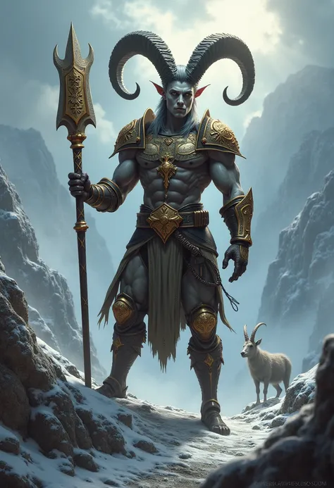 " A humanoid being representing the sign of Capricorn Boy in a mountainous environment , with a cloudy sky and a cold climate .  The character has slightly greyish skin ,  intense eyes and determined expression ,  transmitting discipline and ambition .  Yo...