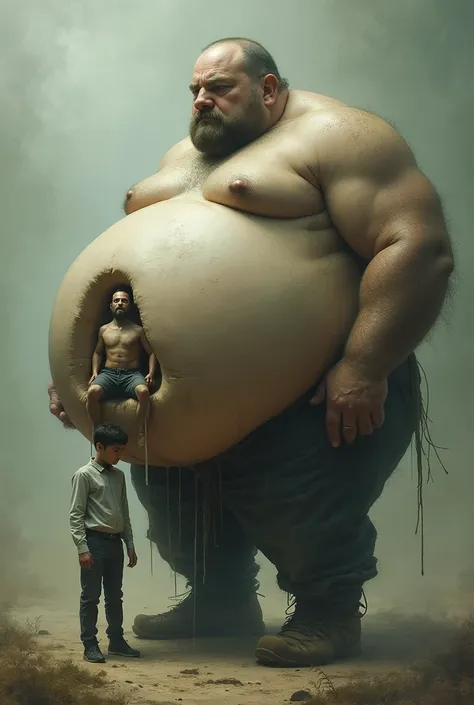 Make an image of a man with a giant belly,  and someone else inside that person's belly, You can see her 