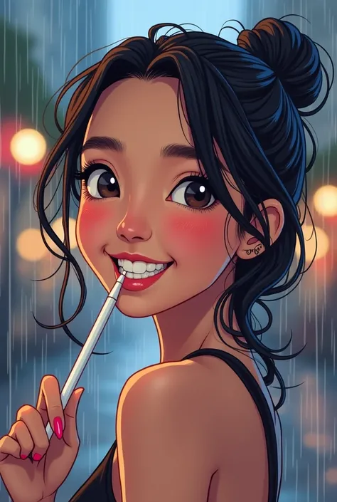 Tip: A very lovely  beautiful Asian American woman being happy alone in Downtown San Diego in the rain.. The illustration is a high definition illustration with 4k resolution., with highly detailed facial features and cartoon style visuals, close up of a w...