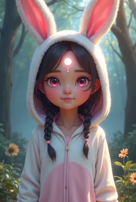 A hyper-realistic painting of a  girl with white and pink eyes, a cute smile, and dimples. She is wearing cozy bunny-themed pajamas with bunny ears, in soft white and pink colors. A glowing, shining circle on her forehead hints at her mind-reading abilitie...