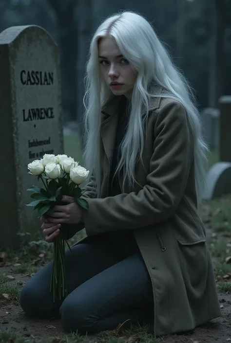 Create the realistic image of a young woman with long white hair, gray eyes and pale complexion wearing a thick coat, kneeling in front of a headstone that says: Cassian Lawrence. Make her hold a bouquet of white roses in her hands and make it look at nigh...