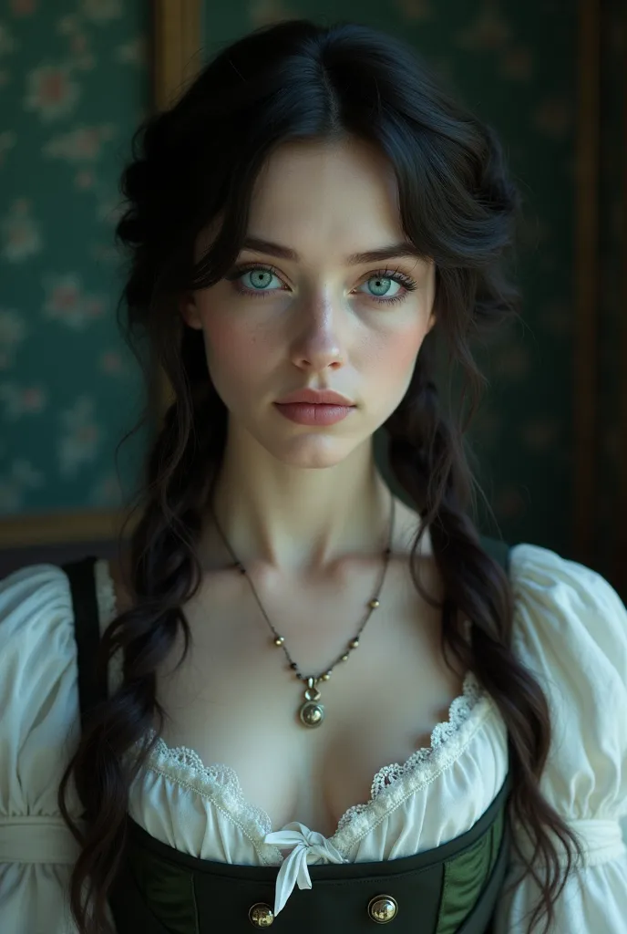 18-year-old Victorian girl with heterochromia one blue and one green ( highlights your eyes )  with a unique beauty with white skin and dark hair like the night dressed (  just like in the year 1887 in England )  with a perfect cave body perfect waist  ( w...