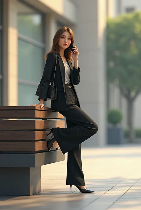 Woman talking on the phone posing with leg on bench
