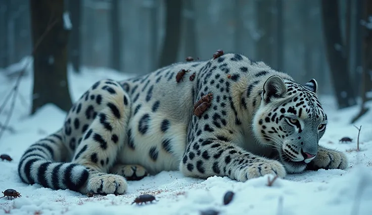 In a snowy, misty forest, a majestic snow leopard lies weakly on the frozen ground. Its thick, white-and-gray-spotted fur is infested with writhing worms, crawling insects, and grotesque parasitic growths. Dark-colored beetles of various sizes scuttle acro...