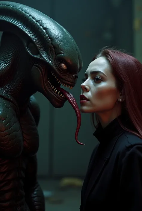 An image of Serleena  ( villain from Men in Black 2)  licking and sticking her tentacle tongue in Scarlett Witch's ear (Elizabeth Olsen)