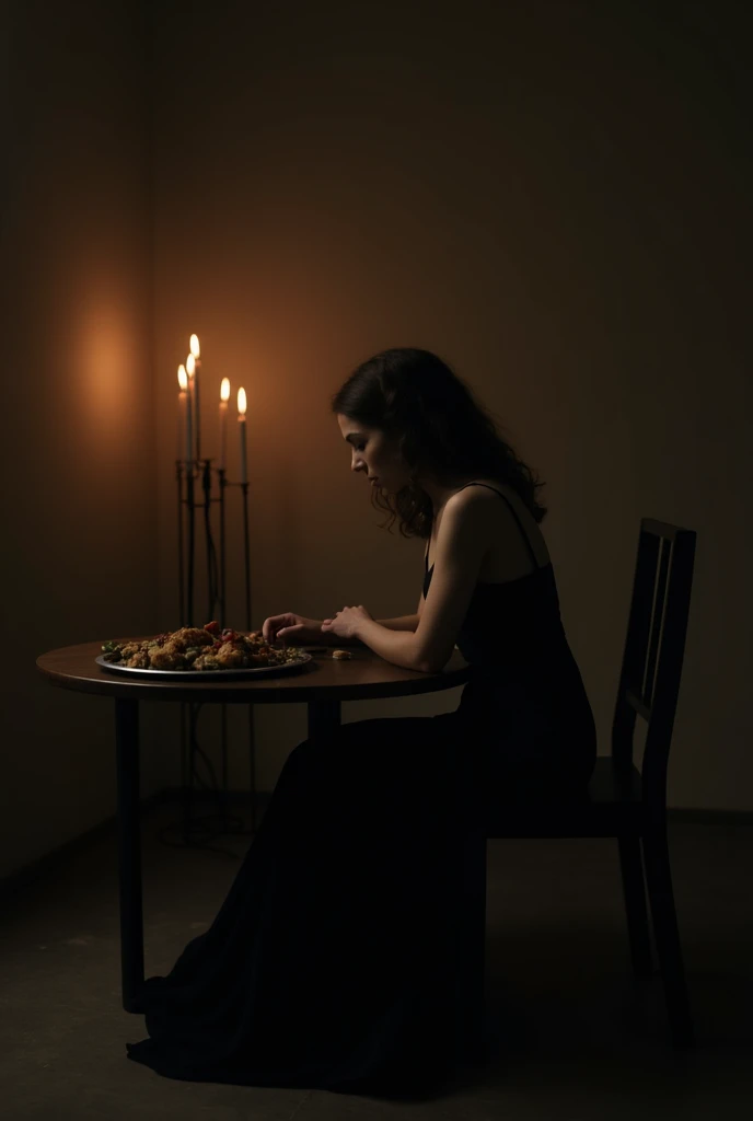 Dans une pièce sombre, presque entièrement plongée dans l’obscurité, une jeune femme est assise à une table. Elle porte une robe noire, élégante et fluide, qui semble se fondre dans les ténèbres. La table devant elle est simple mais troublante : un plat br...