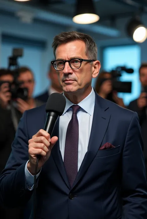 "A middle-aged male journalist with short, dark hair and glasses, wearing a professional suit and tie, standing in front of a press conference backdrop. He holds a microphone in one hand, ready to ask a question, and his posture is confident but slightly c...