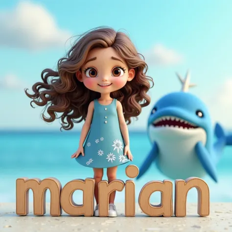  is a 3D cartoon of a beautiful girl with long curly hair and wearing a blue dress engraved with white and white shoes. In front of her is a name "marian" 3D in wood. In the background, a beautiful blue whale laughs. The background is open and cheerful.   