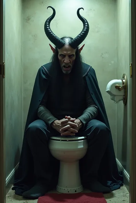 Satan has horns sitting on a toilet and is surprised