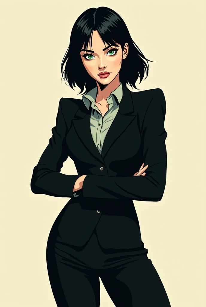   One size fits all in the shape of an athletic hourglass , high,  Slavic facial contours  ,   Shoulder length short  ,  black hair ,   bright green eyes  ,  in the style of a comic book character ,  dark black suit pants and thick black filled shirt,  whi...