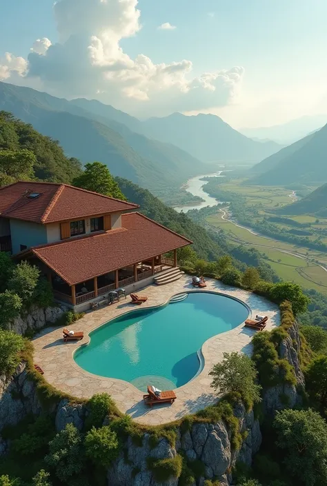 a farm with 10000 hectares, with a mansion with an infinity pool on top of the mountain overlooking the airport with a private jet inside the farm, with a large river with hydroelectric power generation, with an area with windmills for generating wind ener...