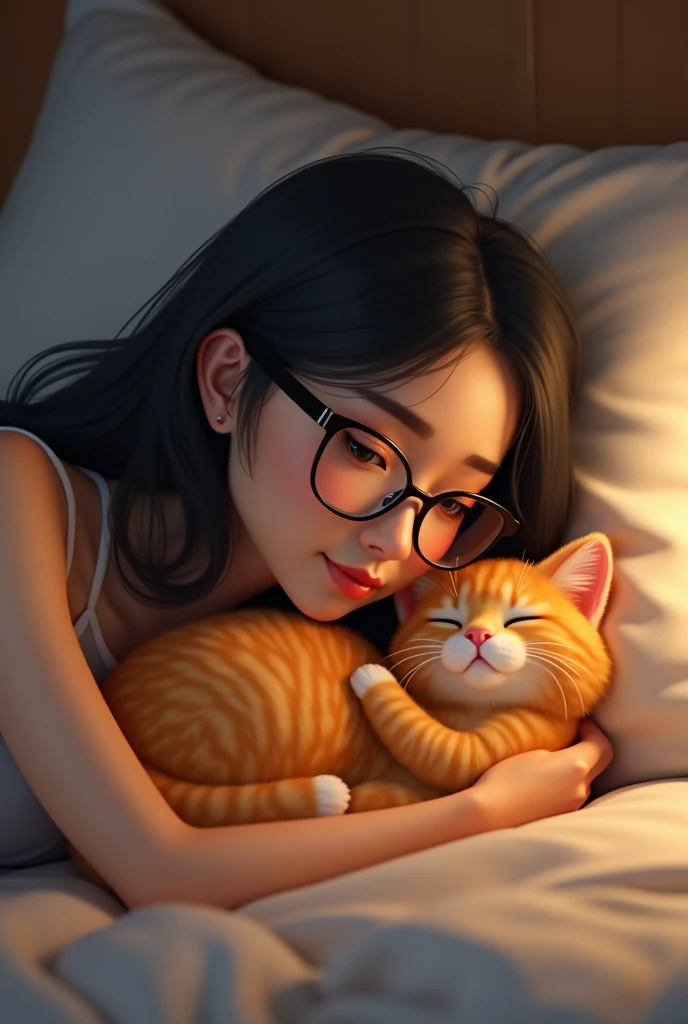 I created an orange cat lying on a bed next to a black-haired Calcasian girl wearing glasses