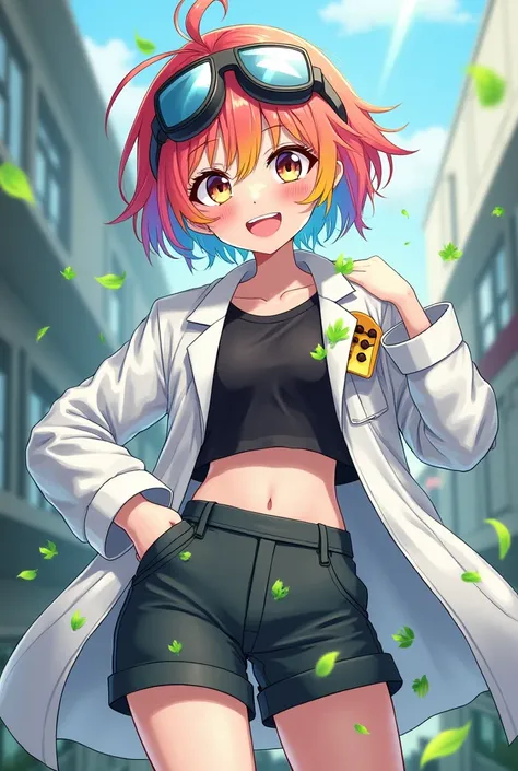  A Young girl with rainbow short dishveled hair with wearing goggles on eyes, Black crop top with short Pants And on leave suited scientiest suit with disconnects buttons, smile, in anime style.