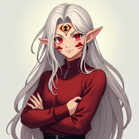 Elf man with long white hair,  red glowing eyes ,  with a smile and tattoos of red clouds on the face with an earring in the form of an eye in the ear, there is a third eye on the forehead with a golden pupil , dressed in a red sweater and black pants,  An...