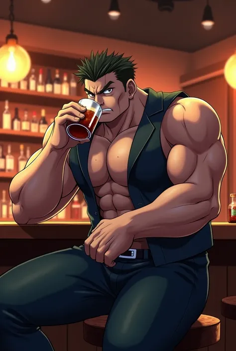 A huge man with a tough, fierce and very masculine appearance with bulging muscles sitting in a bar drinking alcohol. A very professional anime drawing style, as if it was taken from a scene in a real anime.