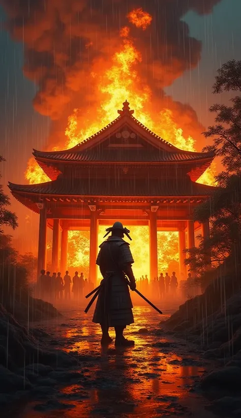 Samurai house on fire and swore vengeance, the fire of the house lit up the night before it started to rain in full