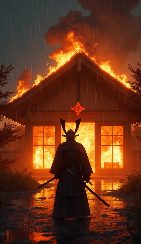 Samurai house on fire and swore vengeance, the fire of the house lit up the night before it started to rain in full