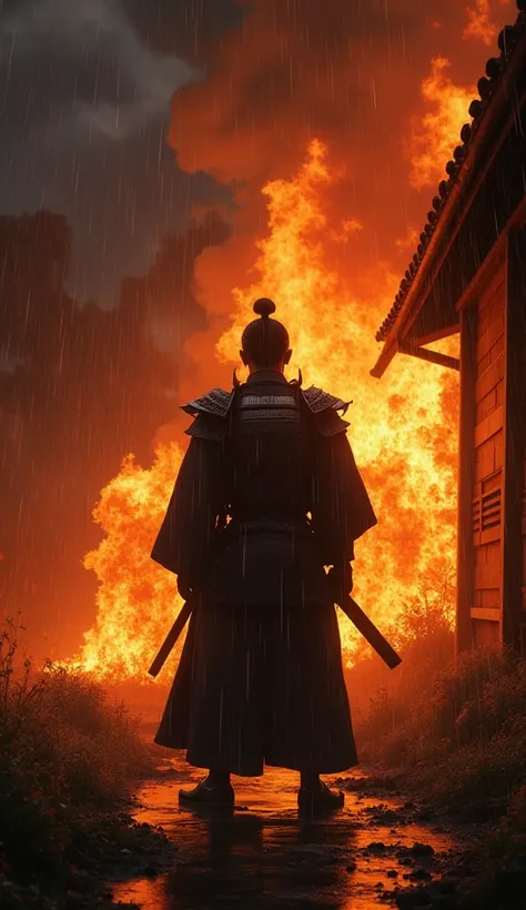 Samurai house on fire and swore vengeance, the fire of the house lit up the night before it started to rain in full