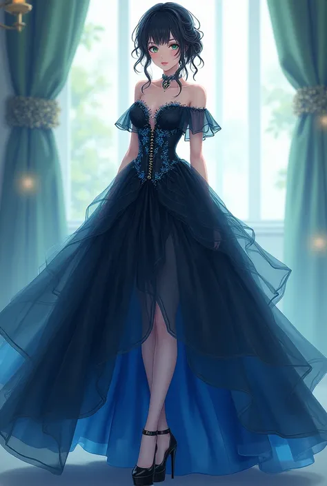 A beautiful anime princess striking a beautiful black and blue dress with green eyes and wearing a black high heels 