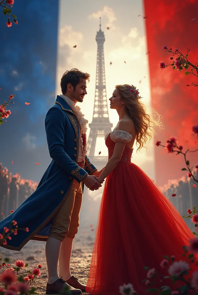  Historical background  :  blue and white to evoke the colors of the French flag .
2. Personnages principaux : Deux amants, l'un en habit de paysan et l'autre en robe de style Louis XVI,  use a palette of red .
3. Symbolic Elements : Tricolour flags , Fleu...