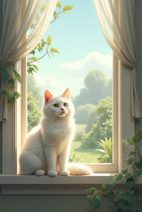 I created a white cat sitting on a window