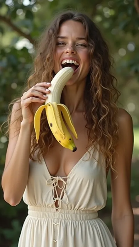  real live action、Beautiful age girl with long wavy curly hair、Wear a bohemian white dress 、Bite on a large banana that has been peeled