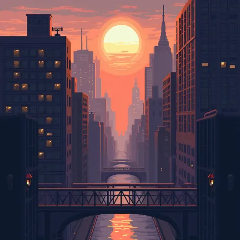 Create a pixel art of 2 buildings next to each other, With the lights off where it is already in the middle of the afternoon with a very beautiful sun and the buildings are shaded, But you're in New York and the buildings with the New York building style, ...