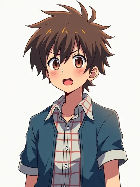 anime emaciated young adult boy round brown spiky hair pointing to the forehead and ahoge on the back of head and spiky ponytail short sleeve blue jacket checkered shirt underneath