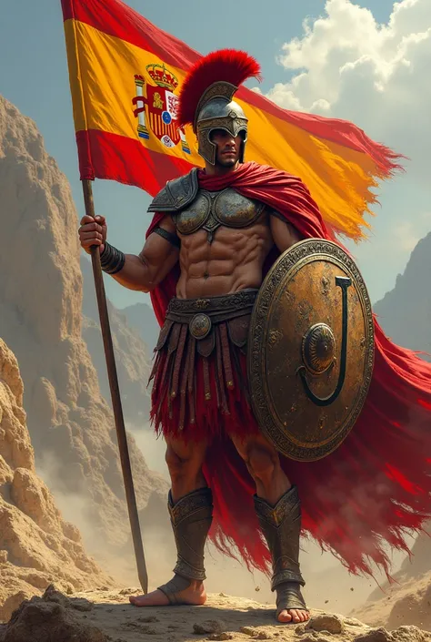 Spanish Spartan without a helmet on his head with the flag of Spain and a shield with the letter J in the center of the shield