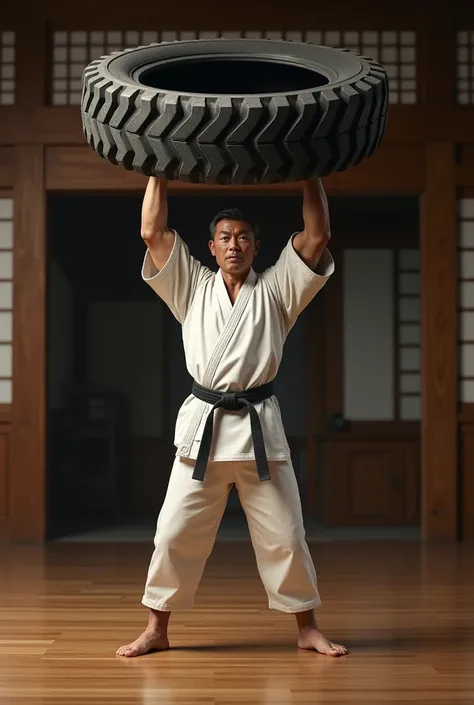 Image of a karate teacher lifting the motorcycle tire