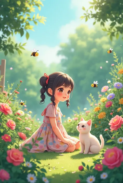 A teenage anime girl, a cat and bees in a cute garden 