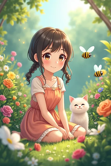 A teenage anime girl, a cat and bees in a cute garden 