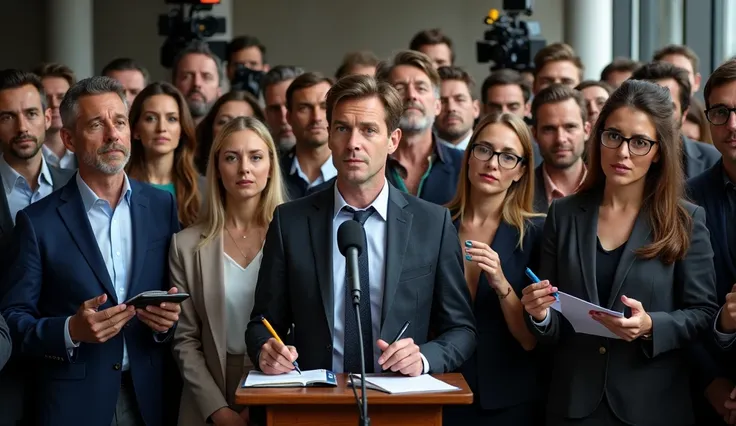 "A group of diverse journalists, both men and women, standing in front of a press conference podium. Each journalist is holding a microphone, eager to ask questions. They are dressed in professional attire, with suits, dresses, and business wear. Some have...