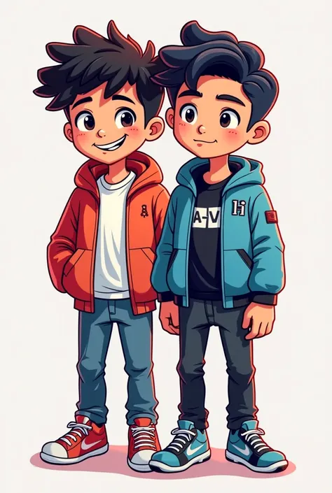 Create a logo for a gaming channel featuring two male hood friends in cartoon form with clothes inspired by white games and one with curly hair and the other half Asian straight