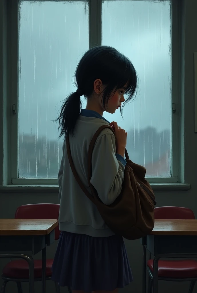 image: Liana is standing in front of the teacher's desk, holding her worn bag and shaking her head timidly. The classroom window shows a rainy sky in the background.  