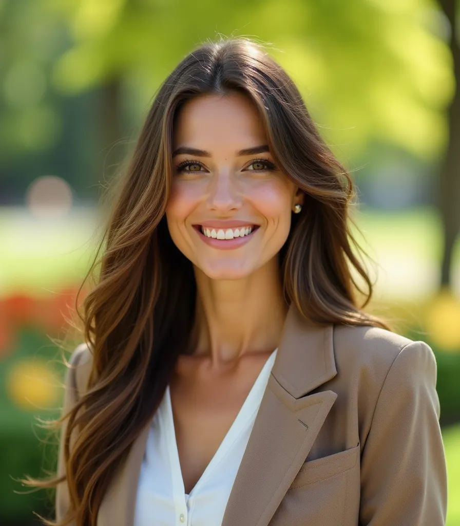  Close-up of a happy business woman with long ,  with healthy hair with a green park in the background .  she smiles. The background is a sunny day ,  lots of flowers and trees .  style — реалистичная цифровая иллюстрация с яркими цветами.  Create a beauti...